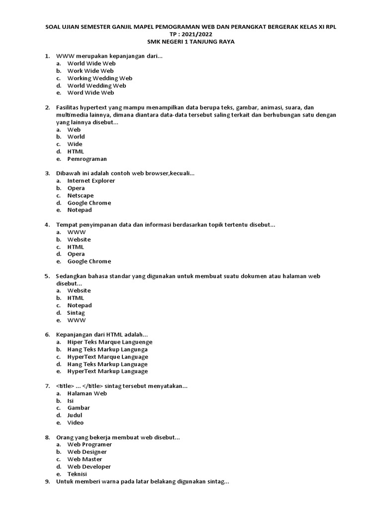 Soal Ujian Pemrograman Web Kelas XI RPL | PDF