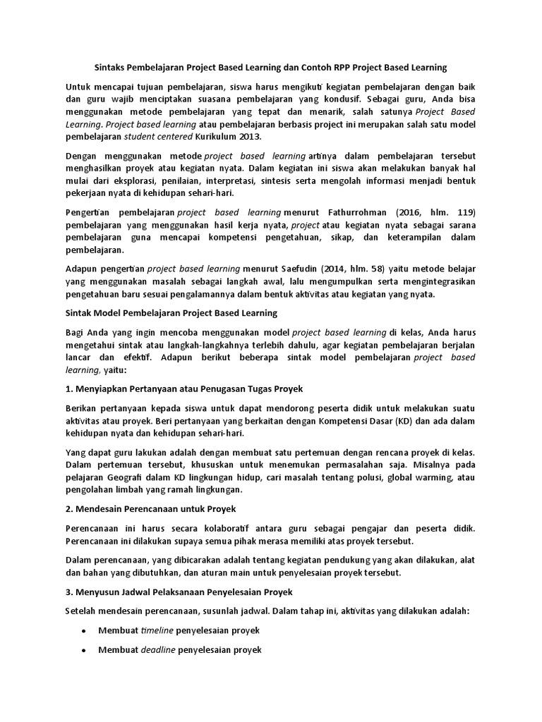 Sintaks Pembelajaran Project Based Learning Dan Contoh RPP Project ...