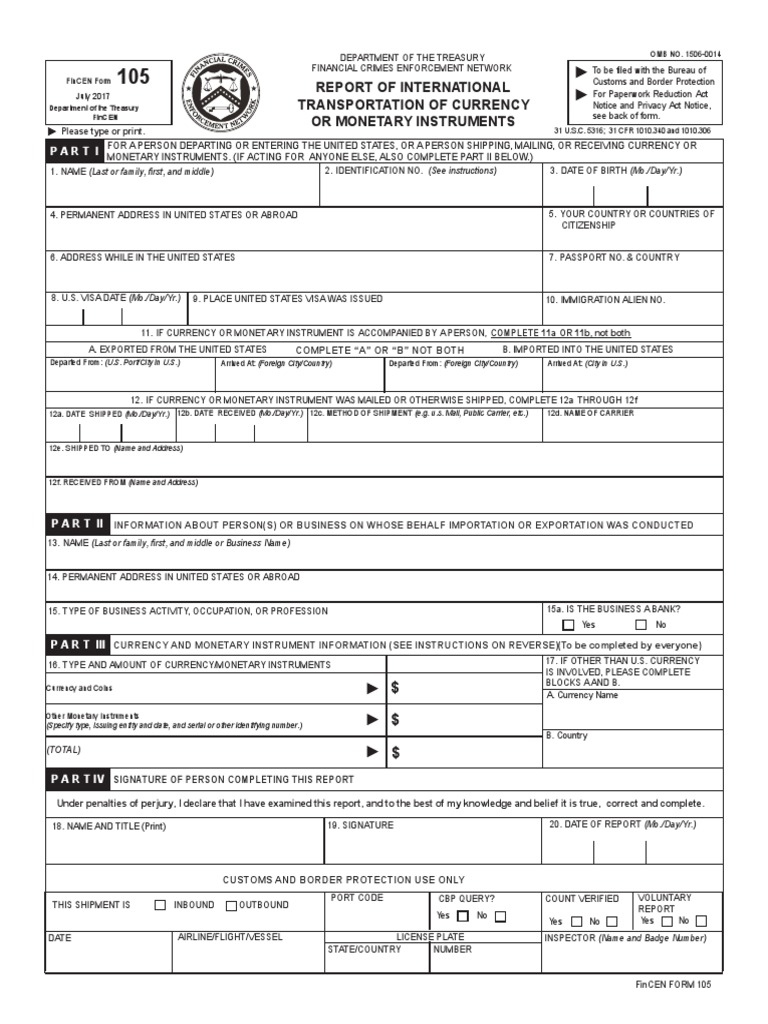 FinCEN Form 105 Instructions | PDF | Cheque | Money
