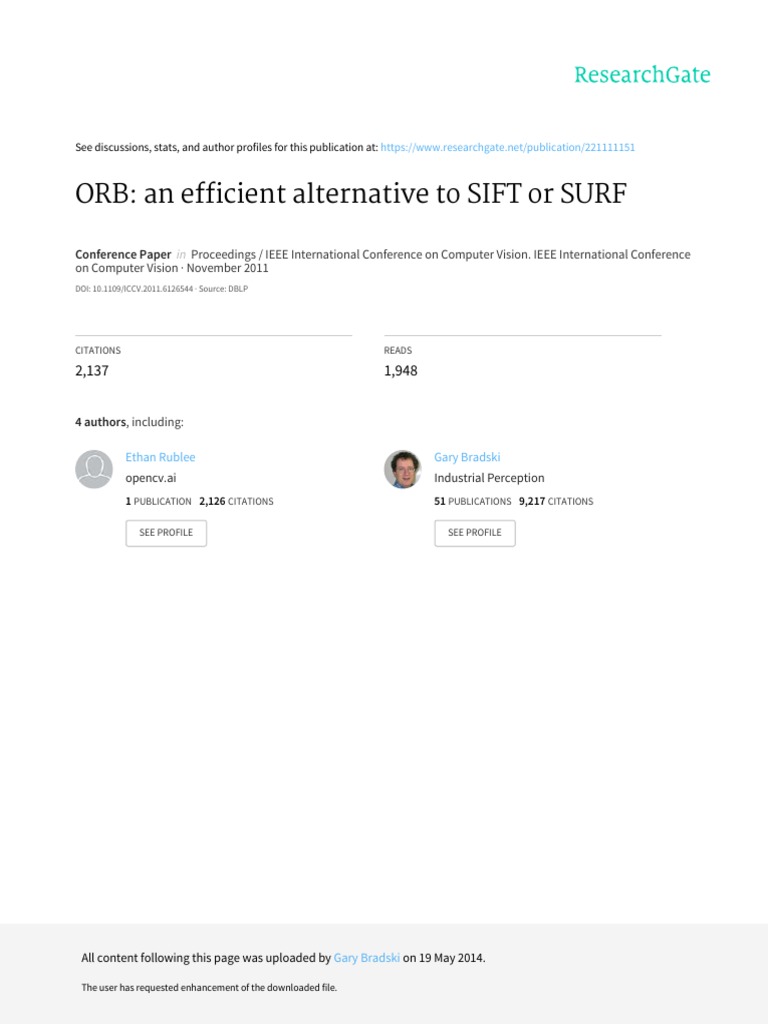 ORB An Efficient Alternative To SIFT or SURF Conference Paper PDF