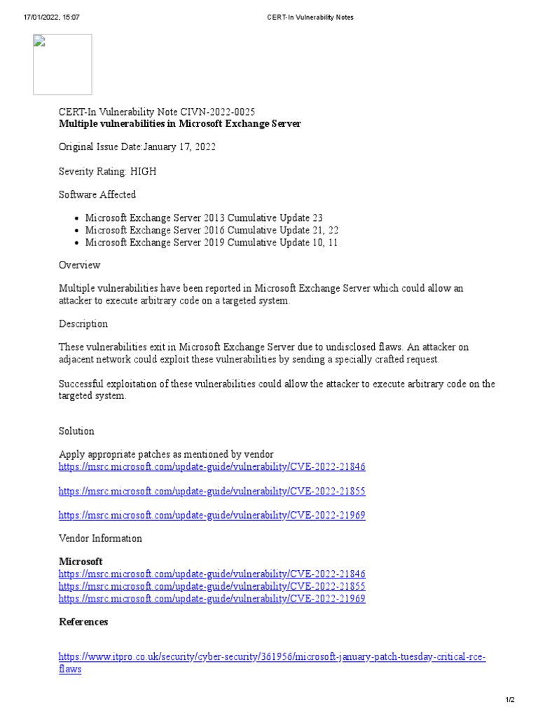 CERT-In Vulnerability Notes-0025 | PDF | Vulnerability (Computing ...
