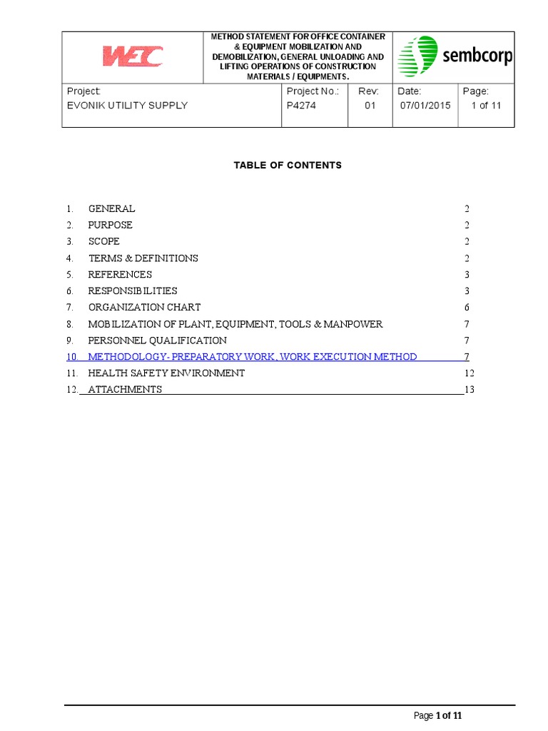 Office Container Mobilization Method Statement | PDF | Crane (Machine ...