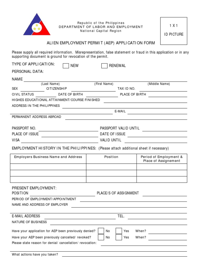 Alien Employment Permit Form | PDF | Passport | Travel Visa