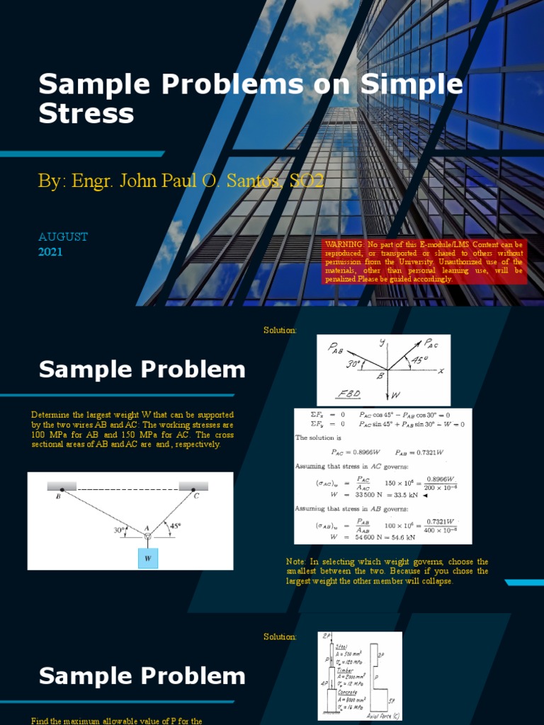 Sample Problems on Simple Stress | PDF | Stress (Mechanics) | Strength ...