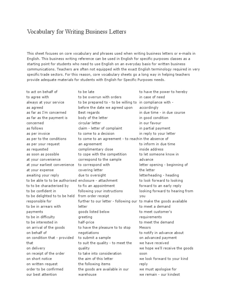 Vocabulary For Writing Business Letters Pdf English Language Receipt