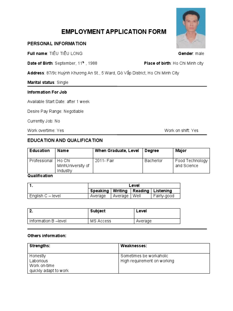 Employment Application for Tieu Tieu Long | PDF