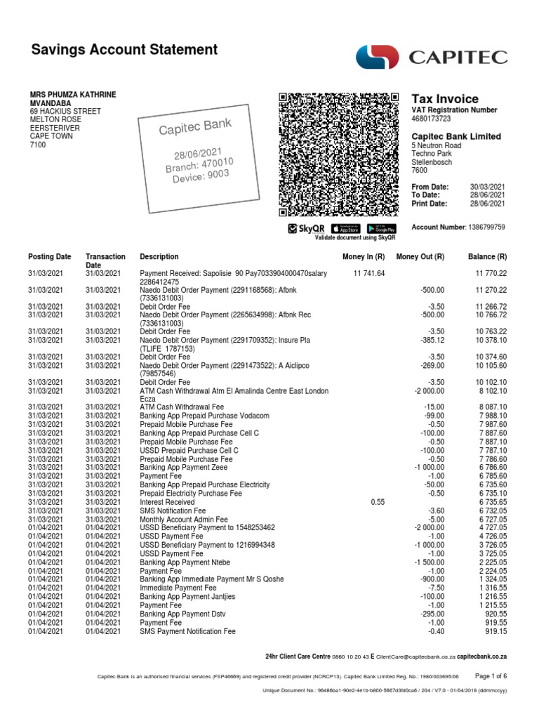 Capitec Bank Savings Account Statement | PDF | Debit Card | Payments