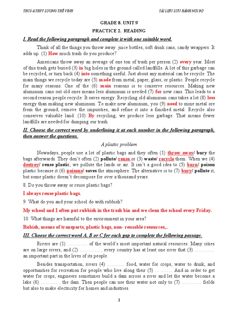 Grade 8 Unit 9 Practice 2. HS | PDF | Recycling | Flood