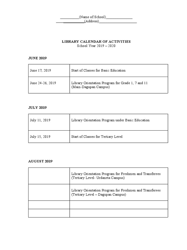 Calendar of activities pdf