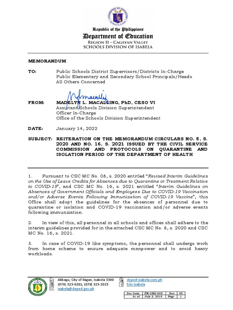 Division Memorandum On The Reiteration of CSC Guidelines On Absences