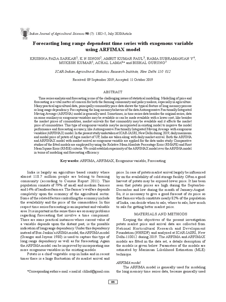 ARFIMAX Model for Potato Price Forecasting | PDF | Time Series ...