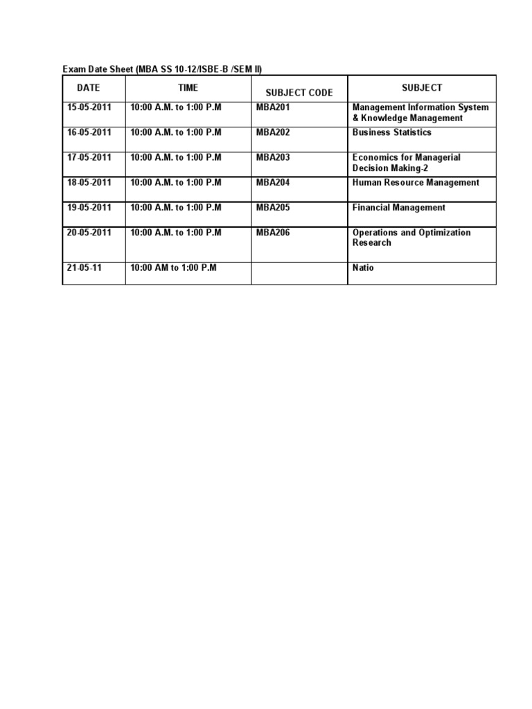 Exam Date Sheet | PDF