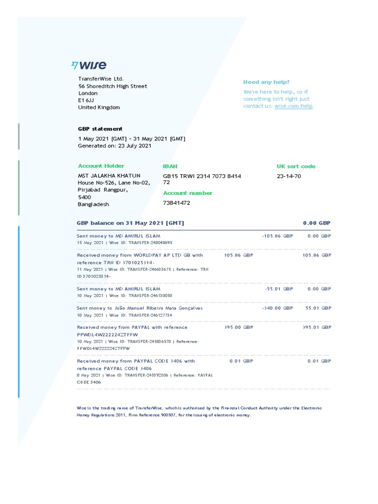 GBP Statement Account Holder Iban UK Sort Code PDF