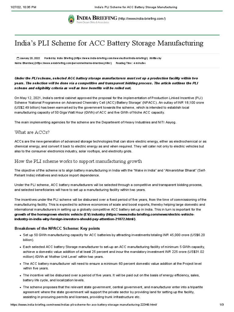 PLI Scheme For ACC Battery Storage Manufacturing PDF Electric