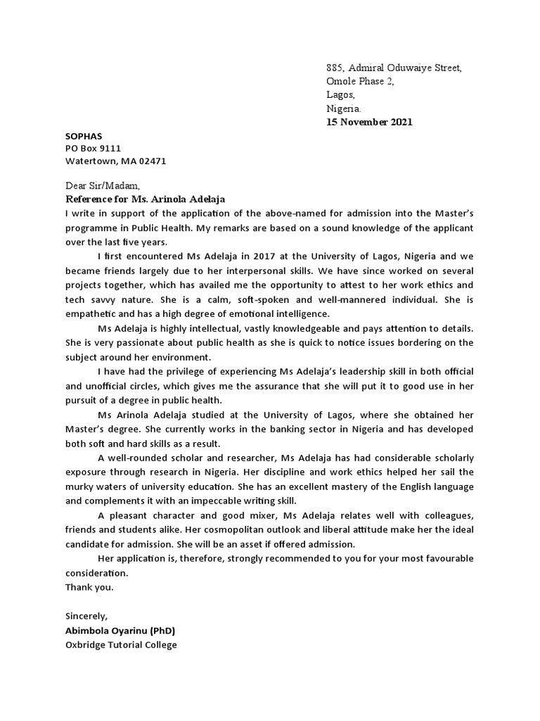 Arinola Reference Letter | PDF