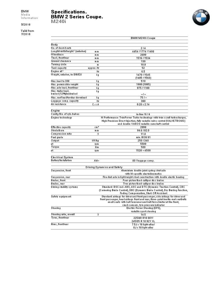Specifications. BMW 2 Series Coupe.: 5/2016 Valid From 7/2016 | PDF ...
