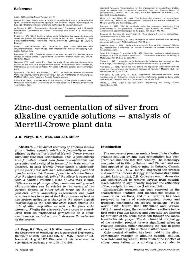 ZincDust Cementation of Silver From Alkaline Cyanide Solutions Analysis of MerrillCrowe
