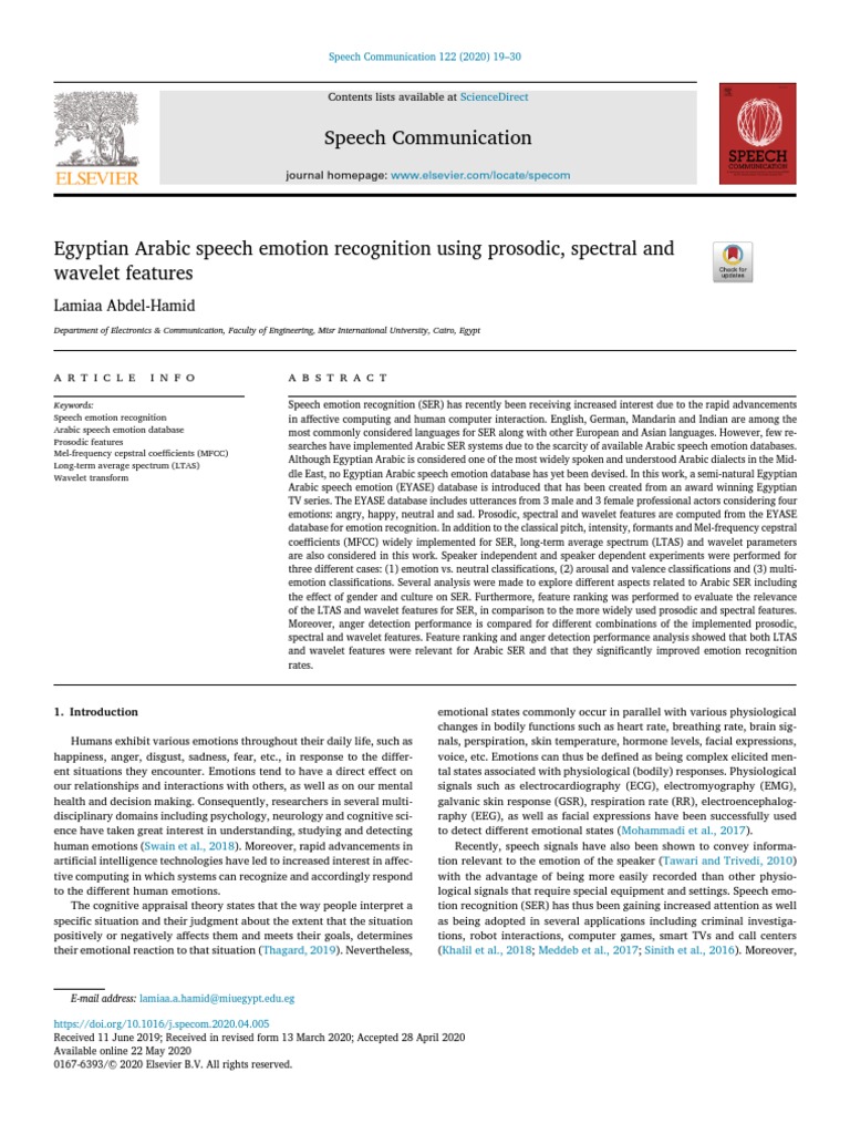 Egyptian Arabic Speech Emotion Recognition Using Prosodic, Spectral and ...