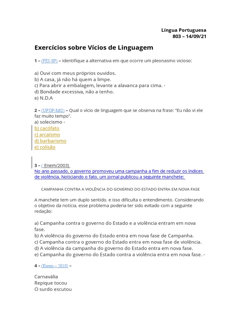Exercícios sobre Vícios de Linguagem | PDF | Linguística | Palavra
