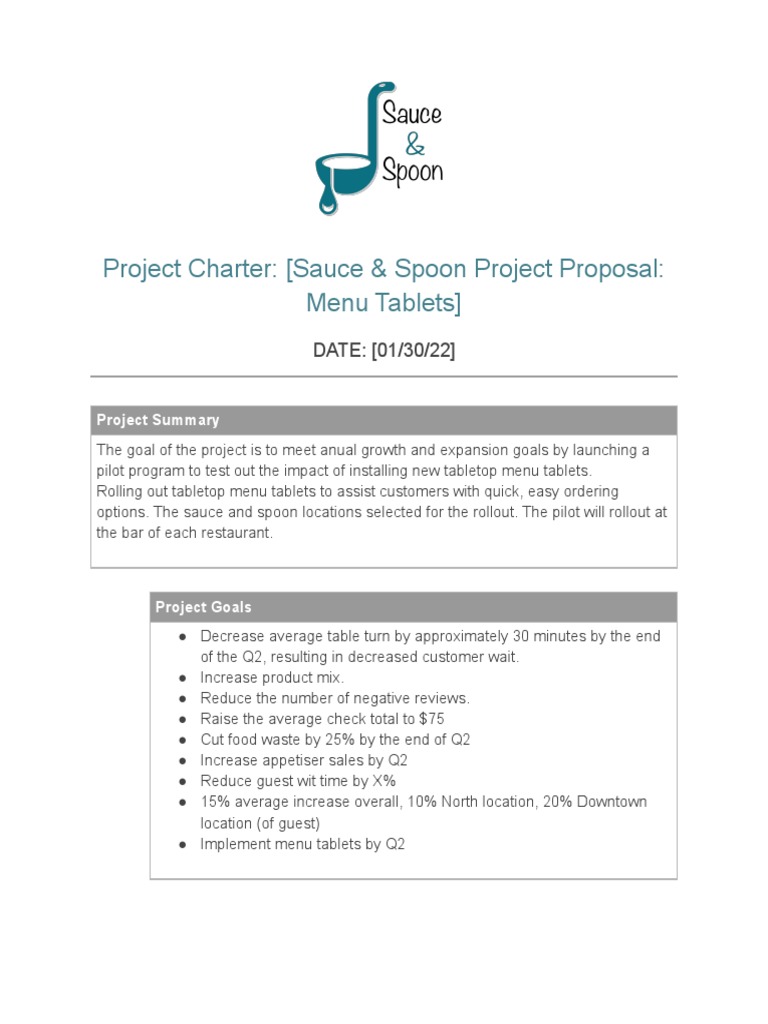 Project Charter (Sauce & Spoon Project Proposal Menu Tablets) PDF Menu Restaurants
