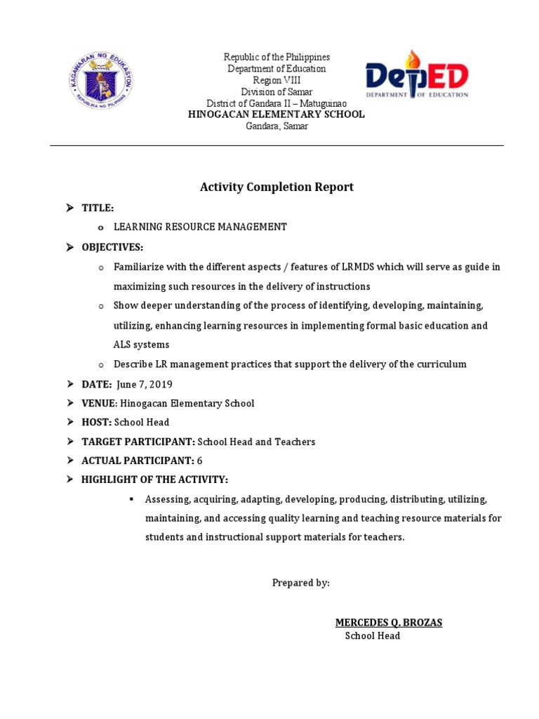 Activity Completion Report: O Learning Resource Management | PDF ...