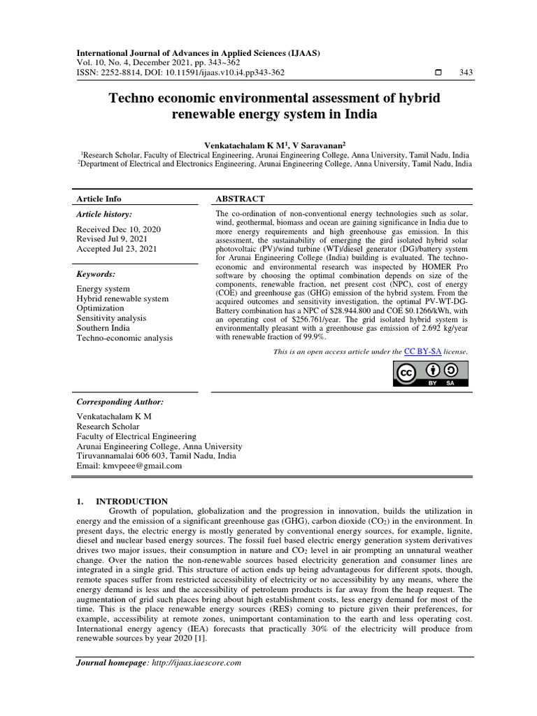 Techno Economic Environmental Assessment of Hybrid Renewable Energy ...