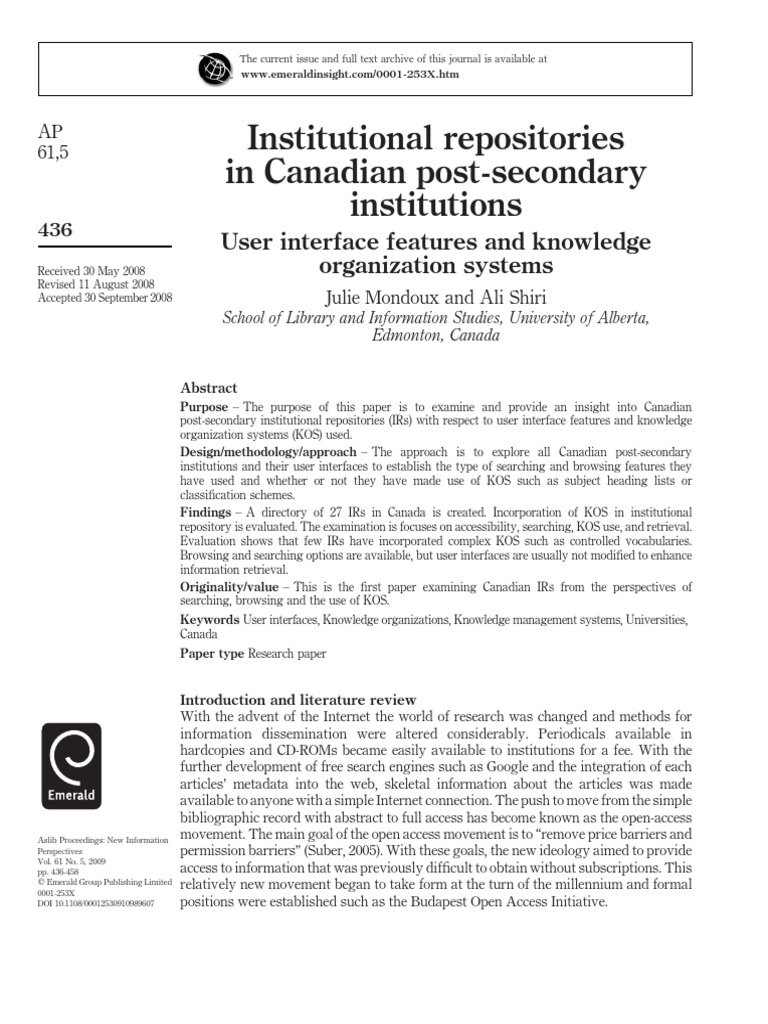 Institutional Repositories in Canadian PostSecondary Institutions