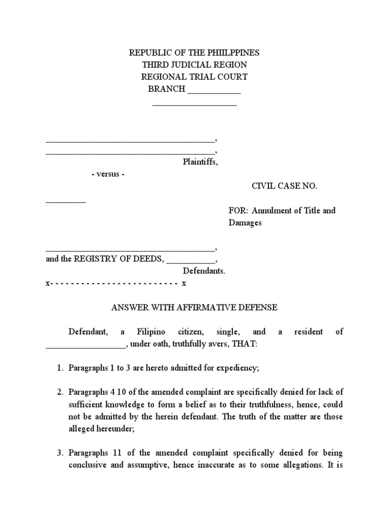 Answer Annulment of Title Sample Form PDF Lawsuit Complaint