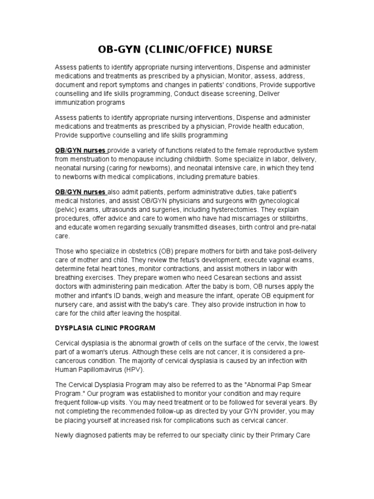 Ob-Gyn (Clinic/Office) Nurse: OB/GYN Nurses Provide A Variety of ...