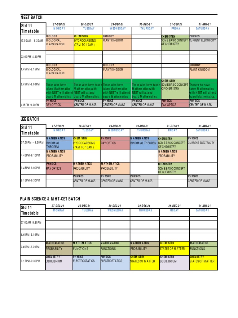 STD 11 Lecture Time Table - 27TH DEC To 01ST JAN | PDF | Physics ...