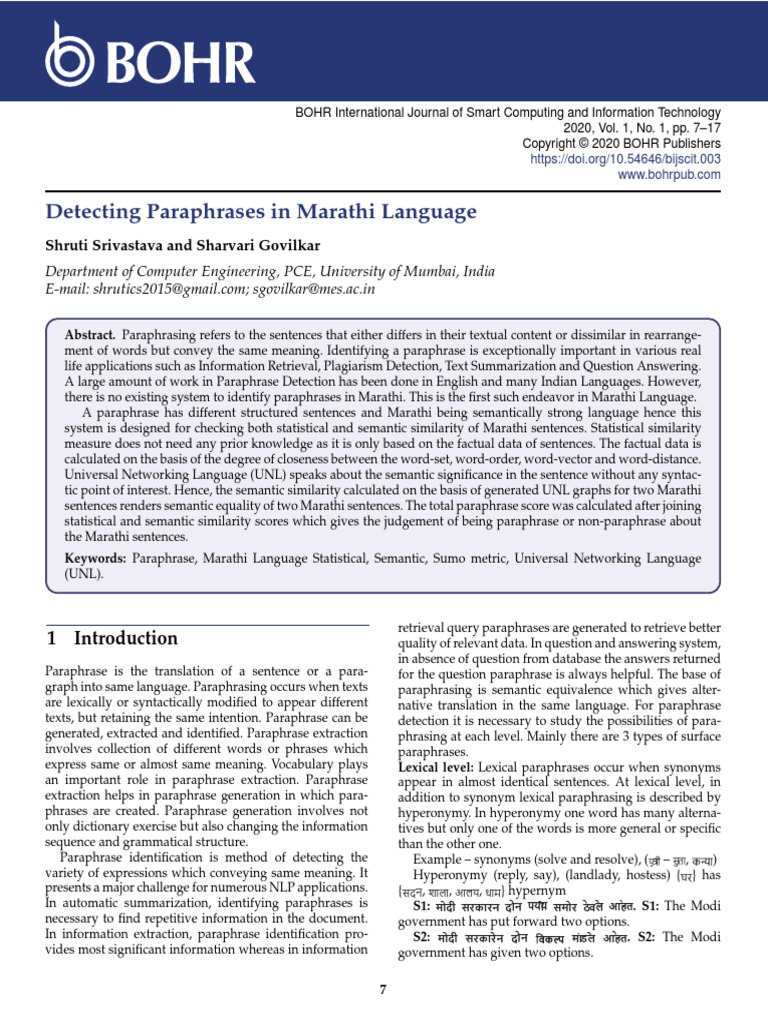 Detecting Paraphrases in Marathi Language PDF Accuracy And
