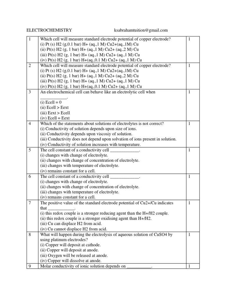 Electrochemistry Test PDF Electrolyte Electrochemistry