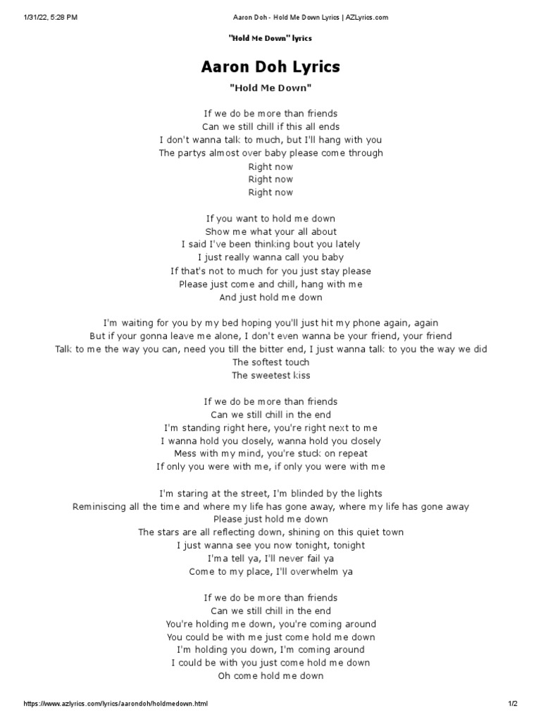 Aaron Doh Lyrics "Hold Me Down" PDF