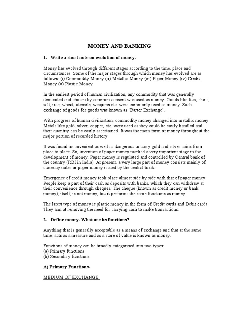 Money and Banking 1. Write A Short Note On Evolution of Money PDF