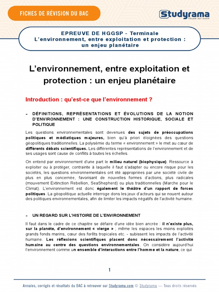 De Nouveaux Espaces De Conquête Hggsp Fiche De Révision Fiche de Revision HGGSP Terminale 2021 L Environnement Entre Exploitation  Et Protection Un Enjeu Planetaire | PDF | Environnement naturel | Forêt