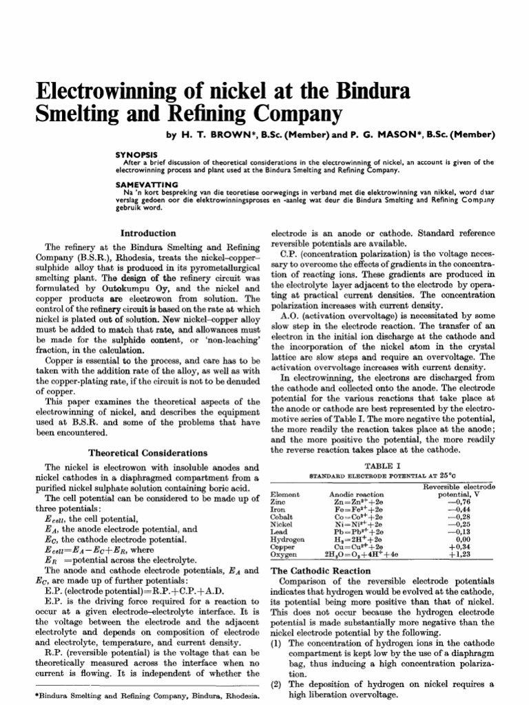 Electrowinning of nickel process at Bindura Smelting | PDF | Cathode ...