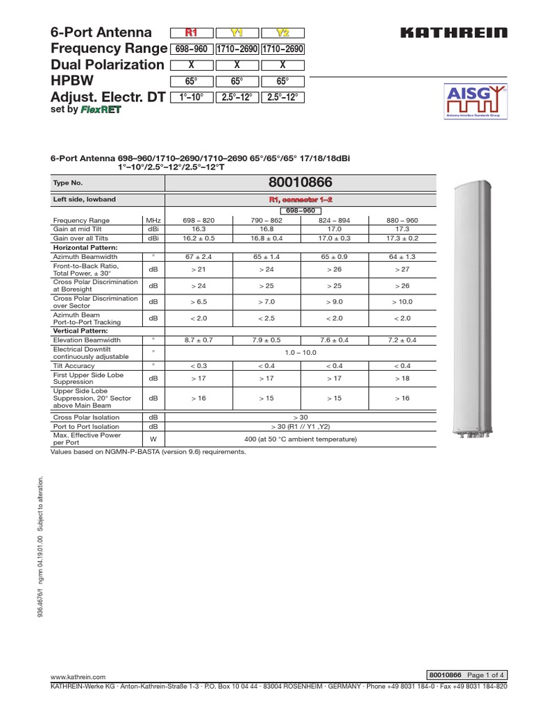Kathrein 80010866 6-Port Antenna Specs | PDF | Decibel | Electronic ...