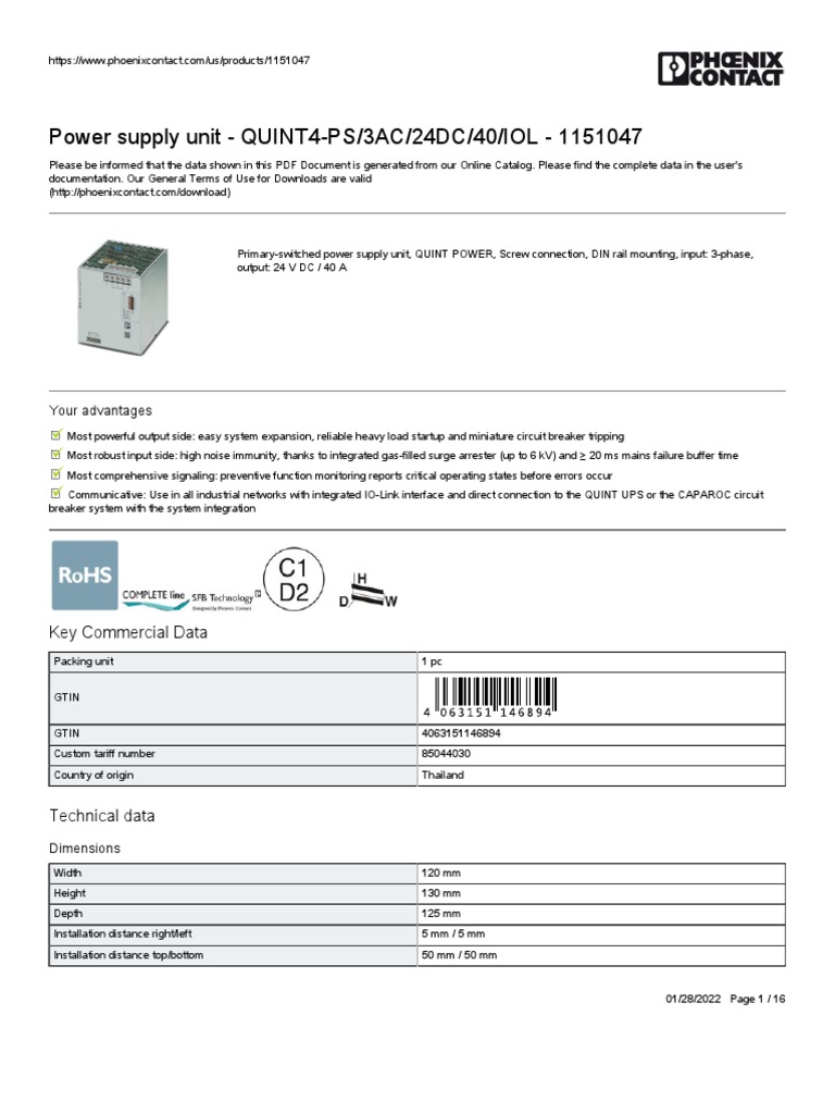 Power Supply Unit QUINT4PS/3AC/24DC/40/IOL 1151047 Key Commercial