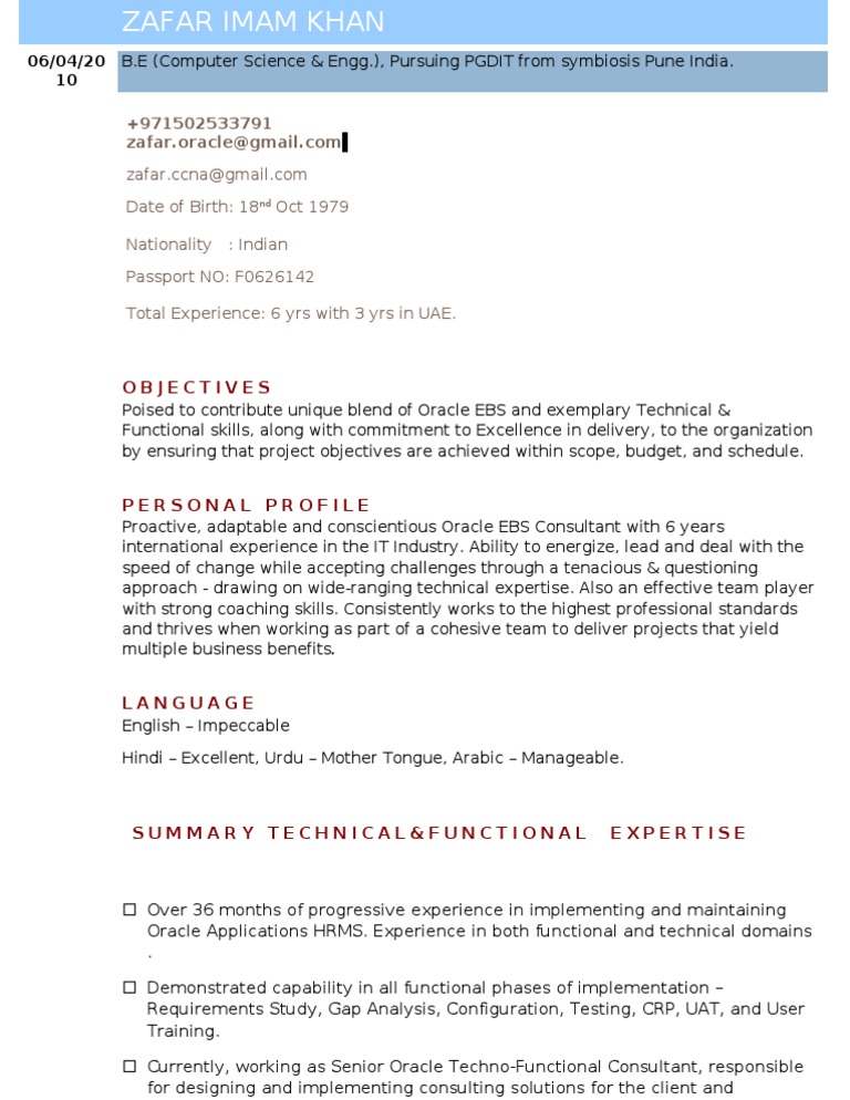 Oracle EBS Consultant Resume Summary | PDF