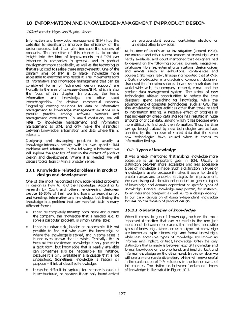 10 Information and Knowledge Management in Product Design Wilfred Van