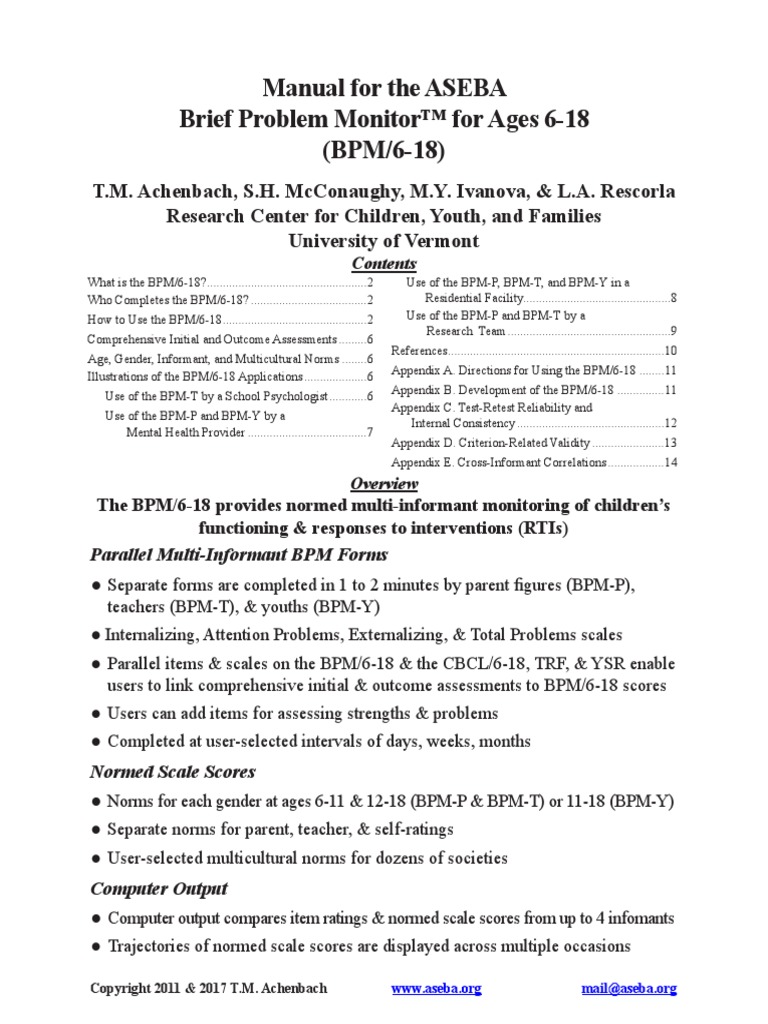Manual For The ASEBA Brief Problem Monitor™ For Ages 618 (BPM/618) PDF Attention Deficit