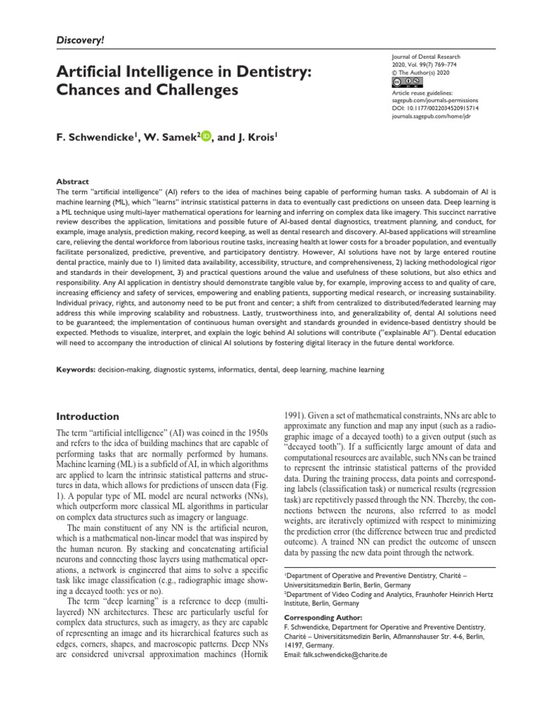 Artificial Intelligence in Dentistry Chances and Challenges | PDF ...