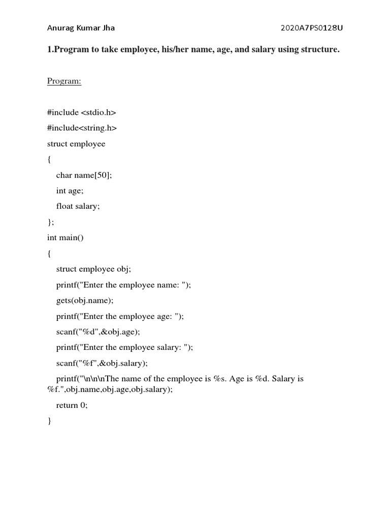 C Programs for Employee and Student Details | PDF | Computer Standards ...