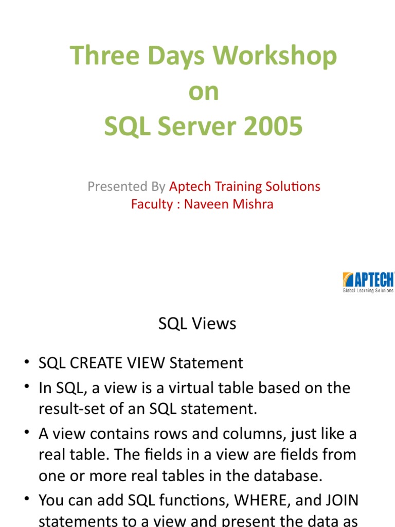 Three Days Workshop On SQL Server 2005: Presented by | PDF | Database ...