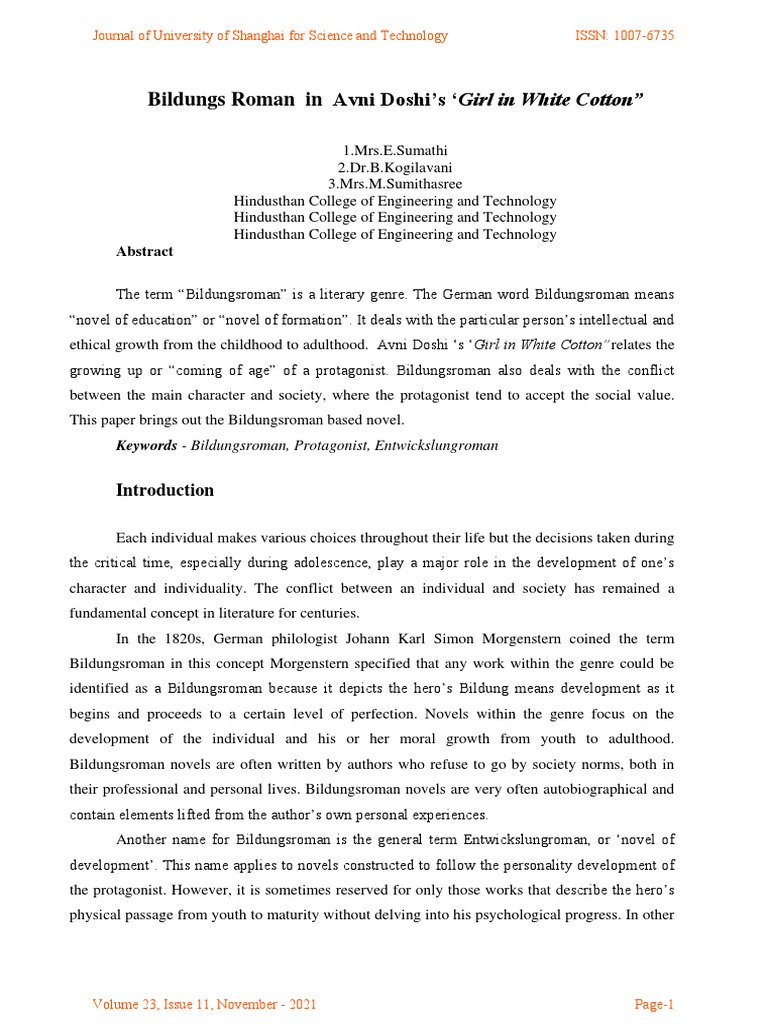 Bildungs Roman in Avni Doshis Girl in White Cotton PDF