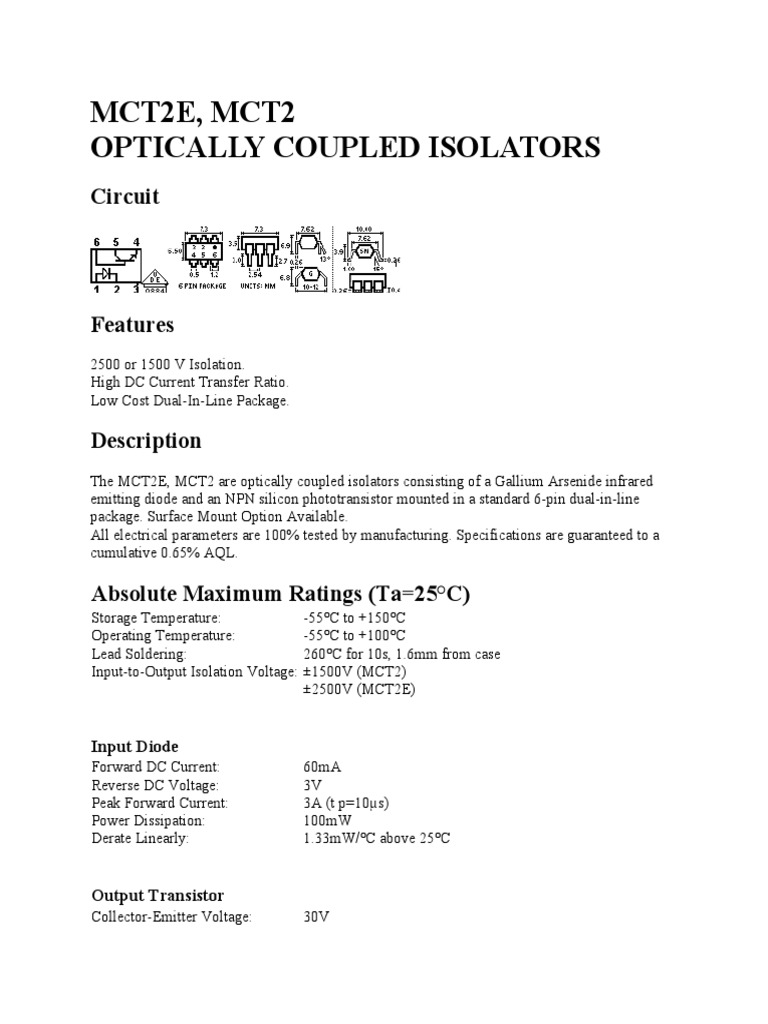 MCT2E Optocoupler Datasheet | PDF | Microsoft | Electrical Equipment