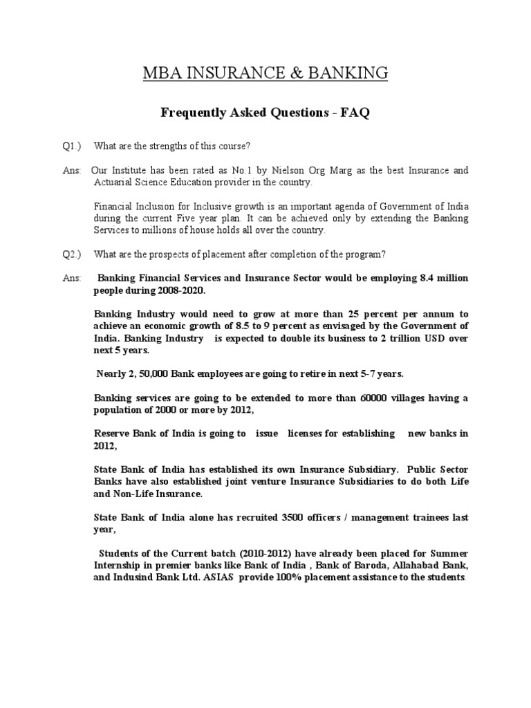 MBA in Insurance & Banking FAQ Guide | PDF | Employment | Banks