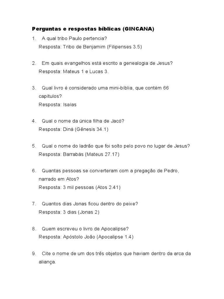 Perguntas e Respostas Bíblicas para Gincanas | Download grátis PDF ...