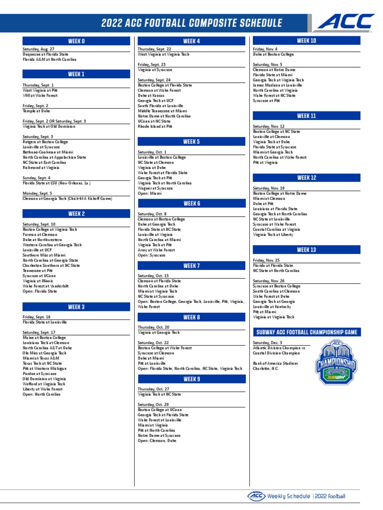 2022 ACC Composite Football Schedule | PDF | Atlantic Coast Conference ...