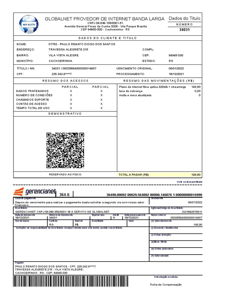 Faturas Global Net | PDF | Banda larga | Internet